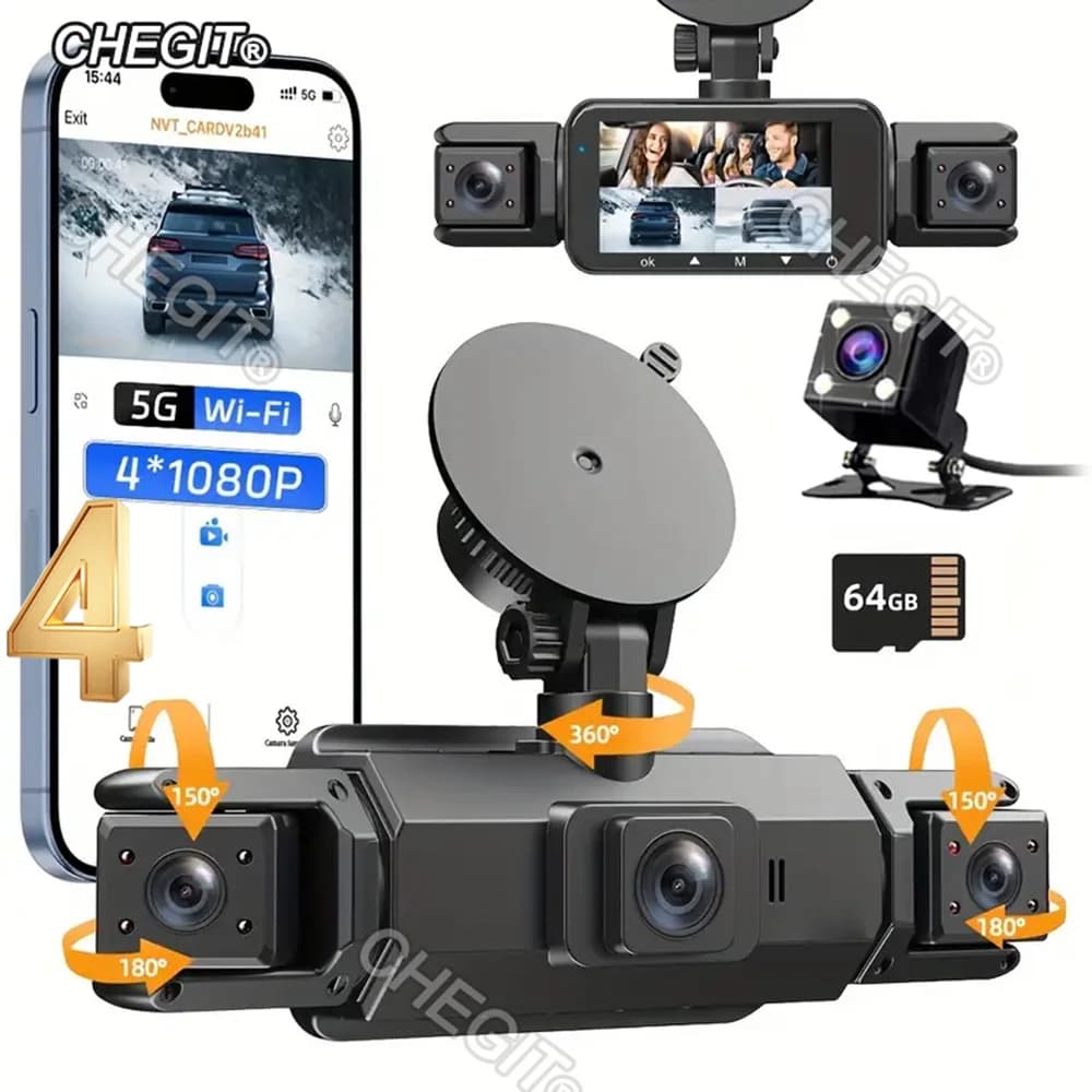 Dashcam 360 a 4 canali ° Dash Cam 1080P Anteriore Sinistra Destra Posteriore Registratore Video WIFI 4 Lenti Telecamera DVR Auto Registrazione 24H Parcheggio