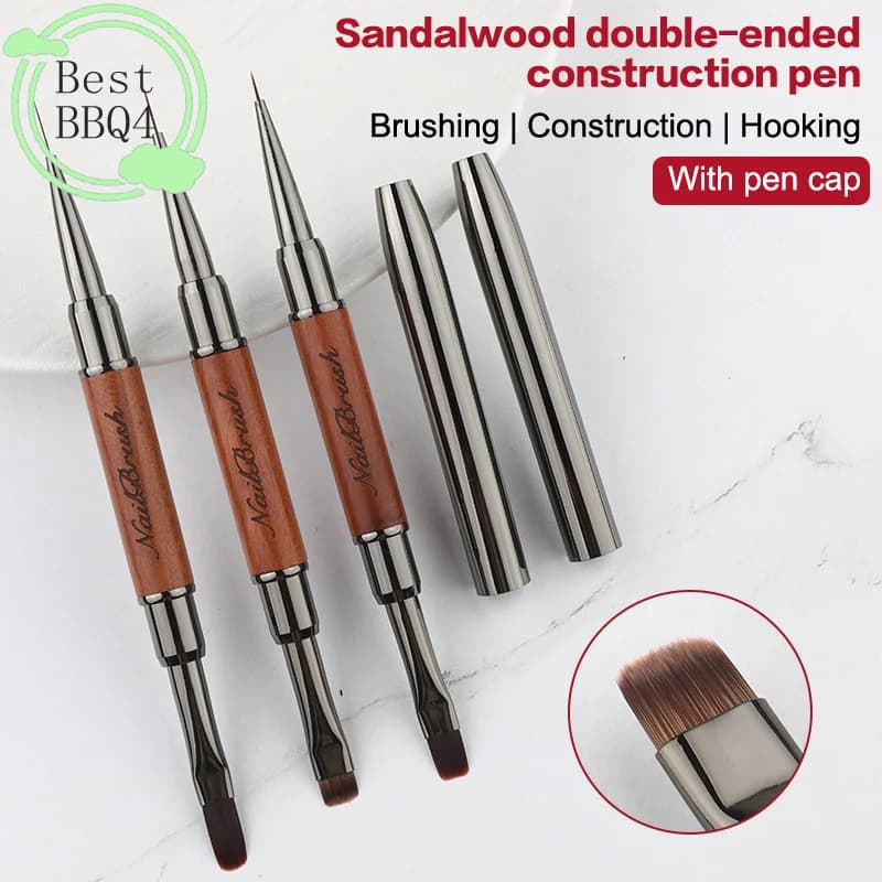 (BBQ4)Sandalwood Dual End Nail Glue Pen UV Gel Brush Nail Art Painting Extension Gel Nail Line Brush Manicure Tool