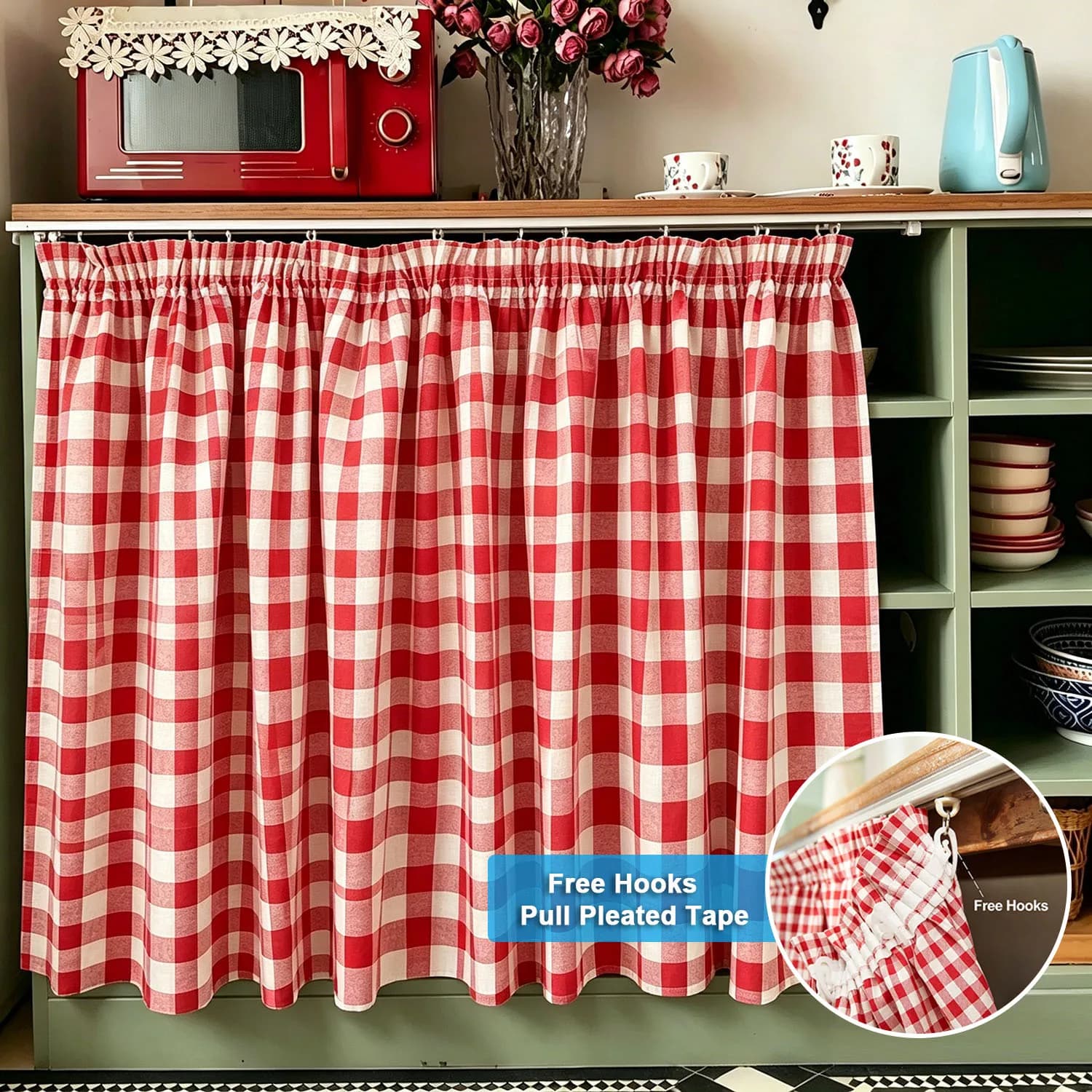 Red Plaid Curtains with Pull Pleated Tape, Country Farmhouse Curtain for Kitchen, Cabinets, Sink Cover, Back Tab Curtain