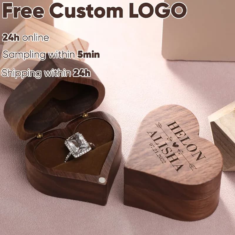 1 pz scatola per anelli in legno di noce a forma di cuore d'amore nome inciso gratuito per la cerimonia nuziale scatola di gioielli proposta di stoccaggio regalo di nozze
