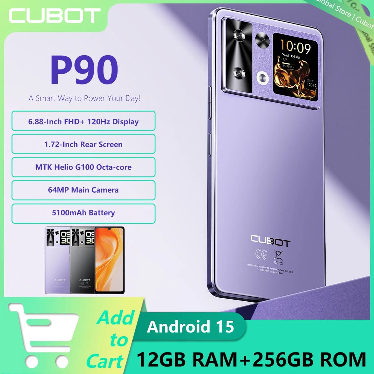 2025 NUOVO CUBOT P90 Android 15 Smartphone 6.88 "120Hz Display Helio G100 4G 12GB di RAM + 256GB ROM 1.72" Schermo posteriore 5100mAh NFC