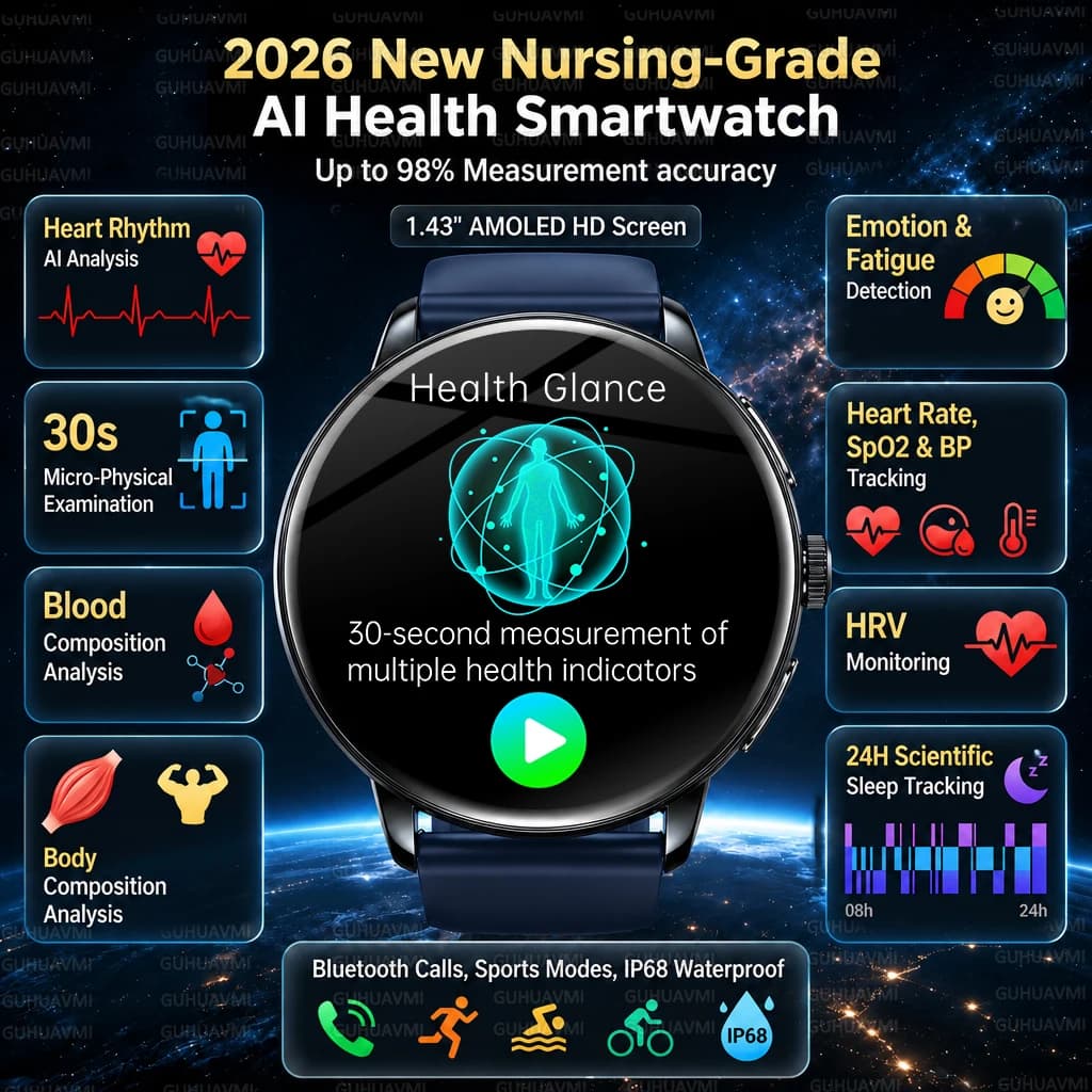 Nuovo Smartwatch Multifunzionale AI per la Salute con ECG Preciso, Monitoraggio del Battito Cardiaco, HRV, Composizione del Sangue, Monitoraggio del Sonno, Impermeabile