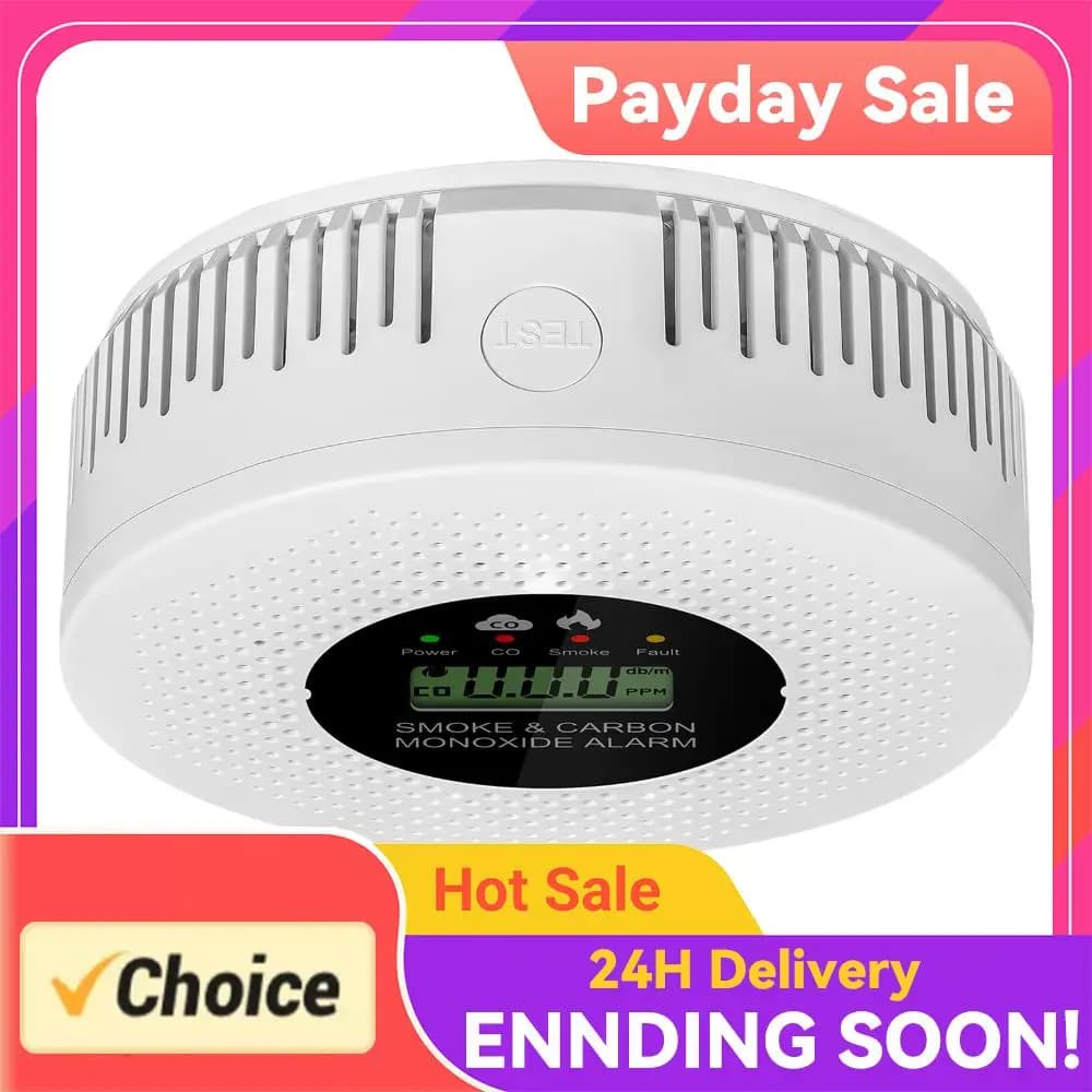 Smoke and Carbon Monoxide Detector with LCD Display Carbon Monoxide Alarm Powered by Battery for House Apartment Kitchen