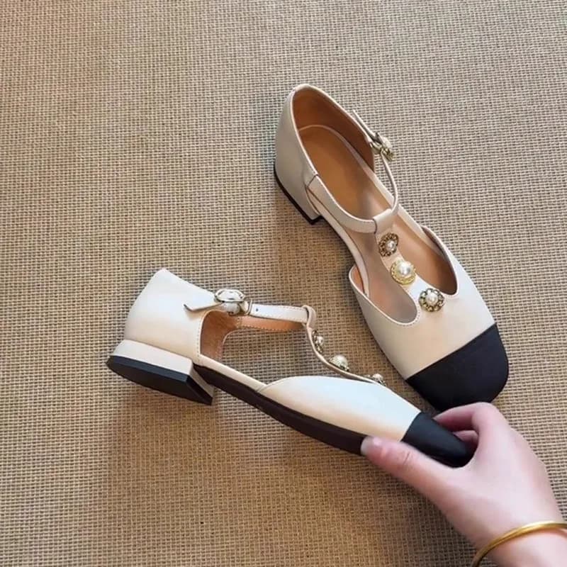 T-string 2025 New Color Block Niche Sweet French Pearl Low Heel Single