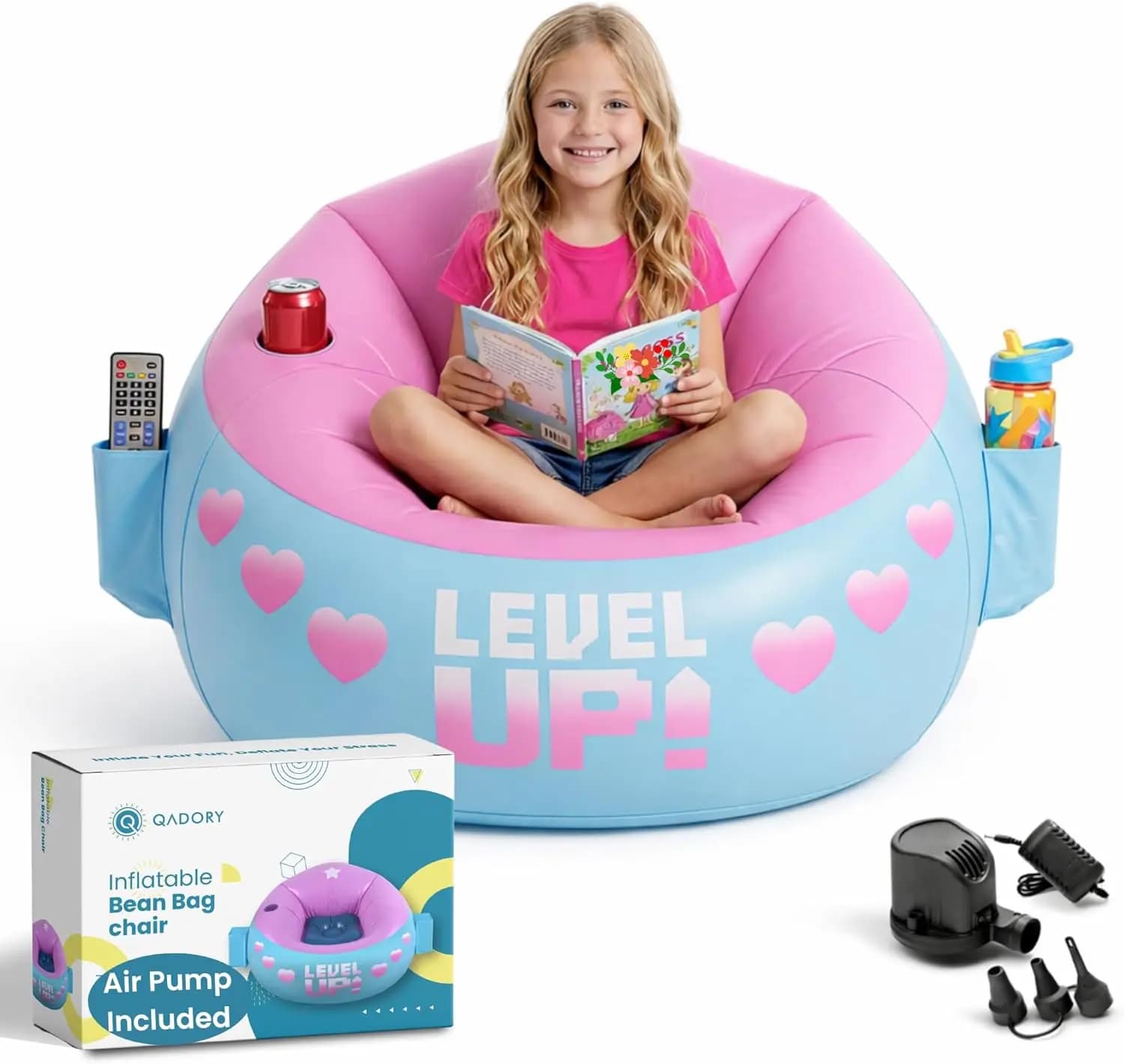 Sedia da gioco gonfiabile per bambini, supporta 136 kg, include pompa ad aria e portabicchieri, seduta a sacco resistente