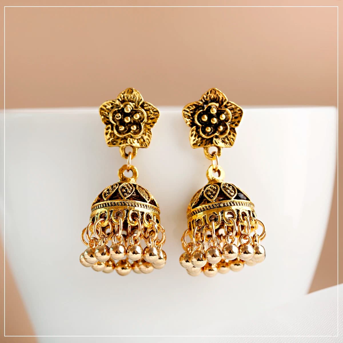 Orecchini da donna Boho vintage etnico indiano Jhumka color oro campana nappa fiore intagliato orecchini pendenti a goccia gioielli zingari