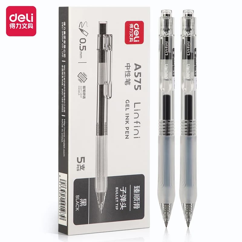 Deli Set di 5 penne gel retrattili con punta fine da 0,5 mm, inchiostro nero, penne a sfera per ufficio, scuola, scrittura, articoli di cancelleria