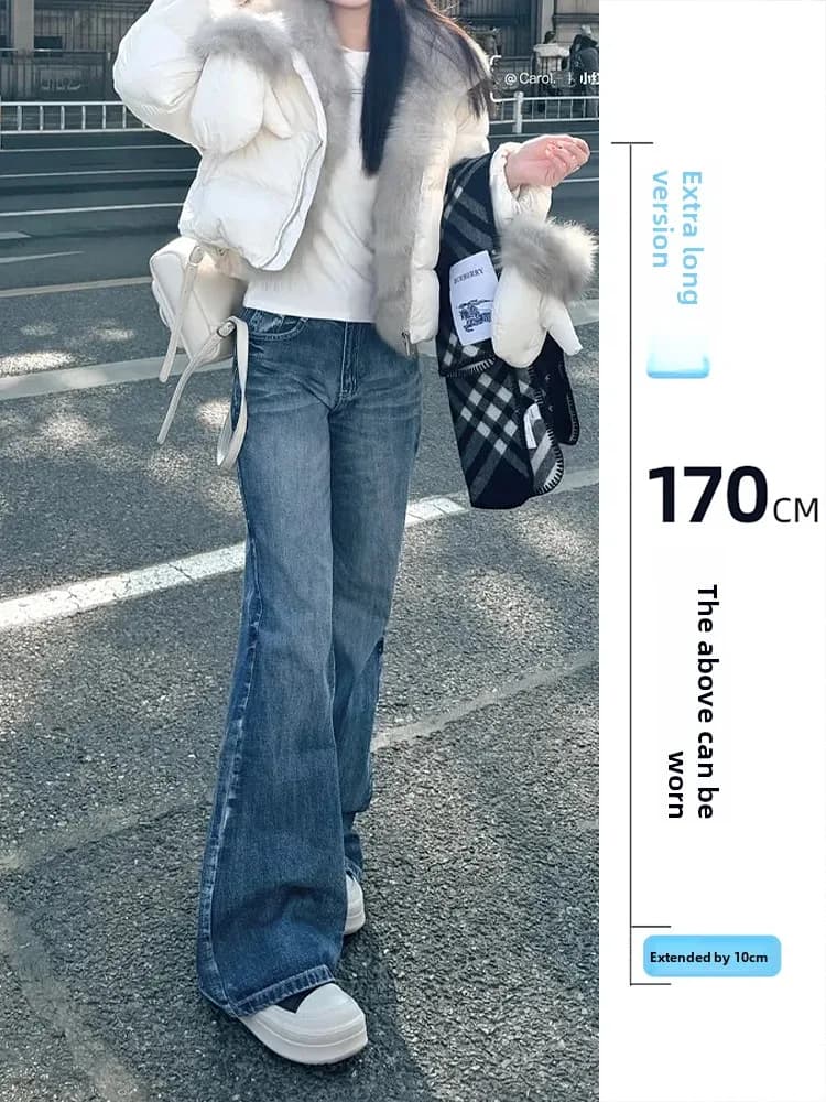 Jeans American Sle a Vita Alta e Gamba Larga da Donna, Versione Lunga Primavera-Autunno, Pantaloni Slim Fit Leggermente Svasati