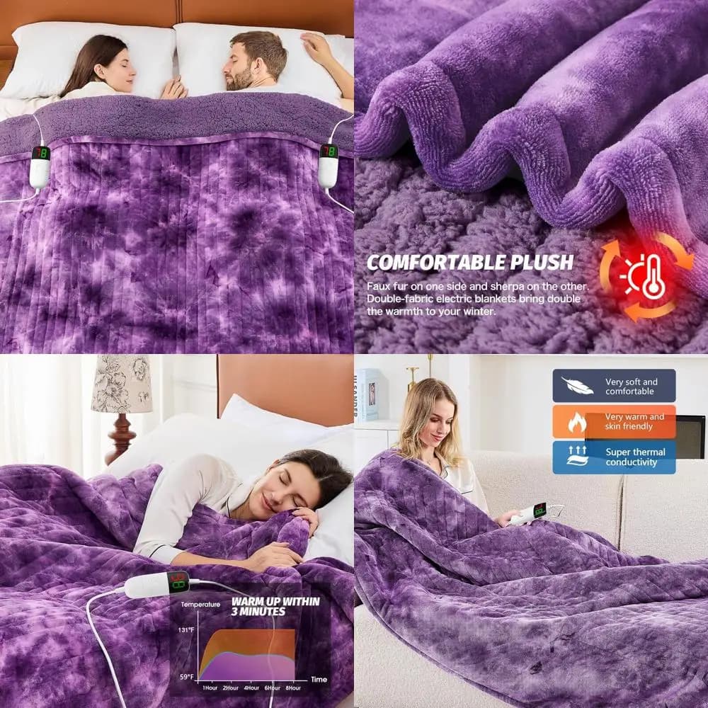 Coperta elettrica Sherpa in pelliccia sintetica viola con 5 timer e 10 impostazioni di calore, 84 x 90 per un accogliente calore del divano letto