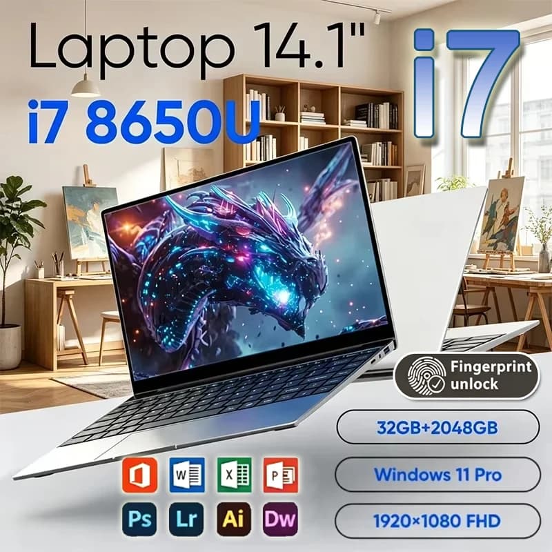 Nuovo Portatile Ultra Sottile Handy 2026 da 14.1" con Intel Core i7-8650U, Windows 11 Pro, 32GB RAM, SSD M.2 da 2TB - Ideale per Ufficio e Studio