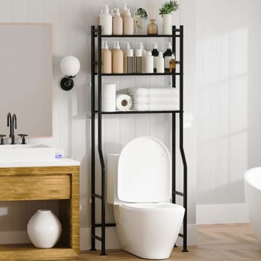 Scaffale a 3 livelli da posizionare sopra il WC con sistema di sicurezza anti-ribaltamento - Scaffali da bagno in metallo nero con portarotolo e 4 ganci, portata 150 libbre