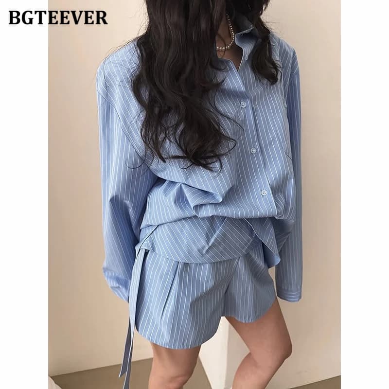 BGTEEVER Korean Striped Shirts Set for Women Irregular Loose Blouse + High-waisted Wide-leg Shorts Two-piece Set