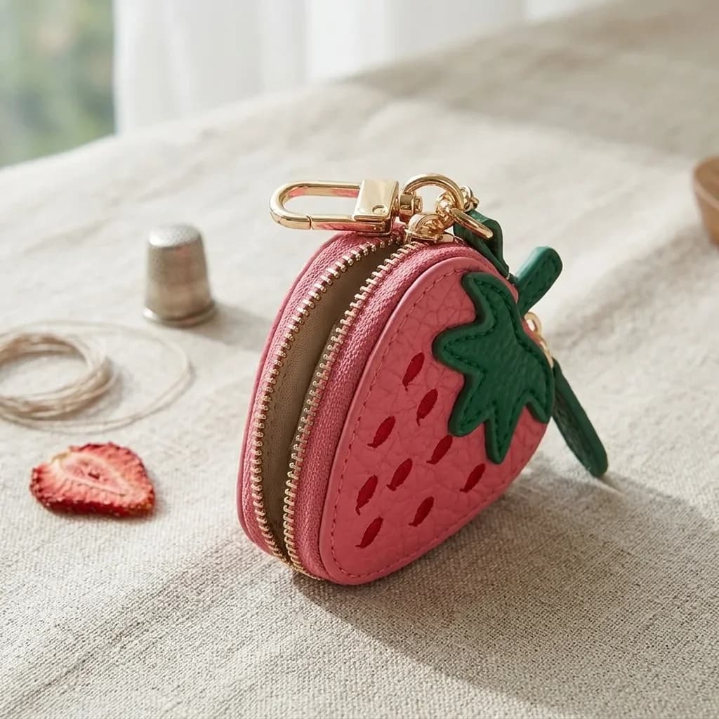 Sweet Pink Strawberry Design Faux Leather Coin Purse Portable Zipper Mini Earphone Case Keyring Pendant Small Wallet For Daily Travel
