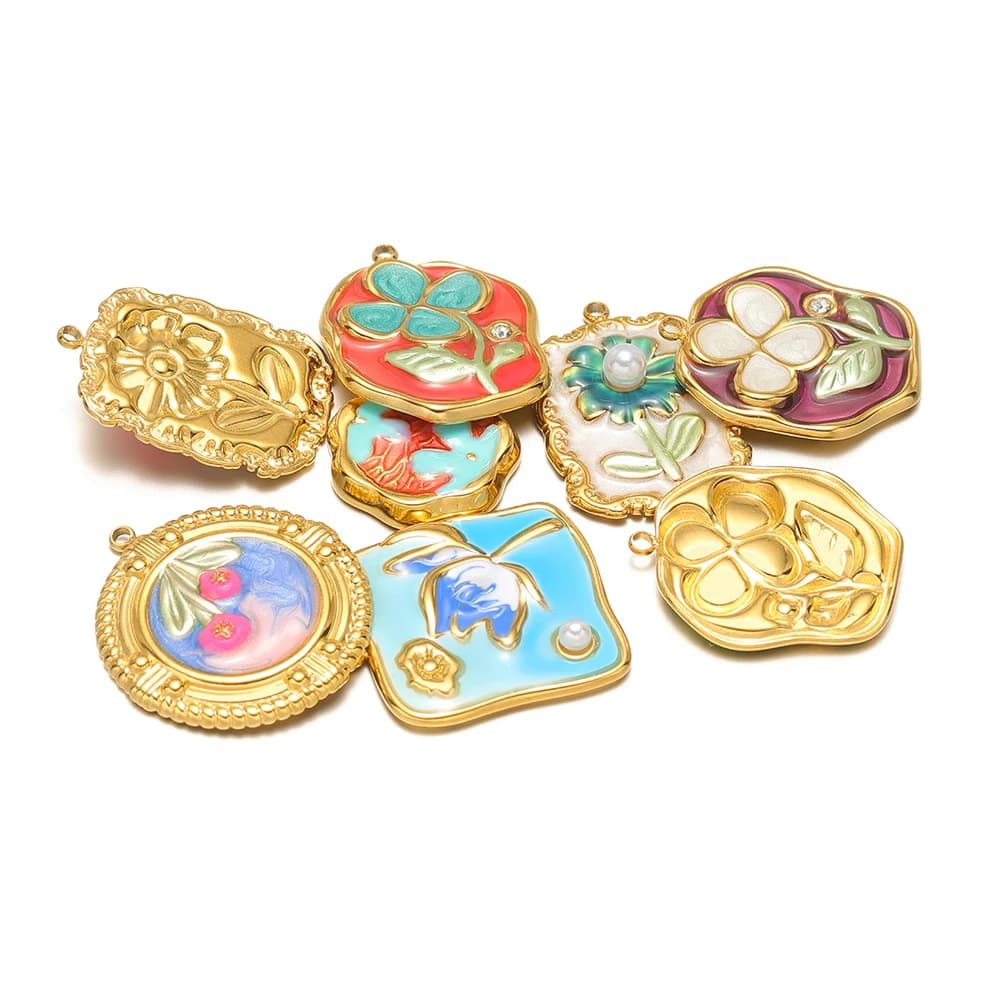 4Pcs Stainless Steel Enamel Flowers Pearl Pendants Geometric Charms for DIY Exquisite Jewelry Making Necklace Earrings Supplies