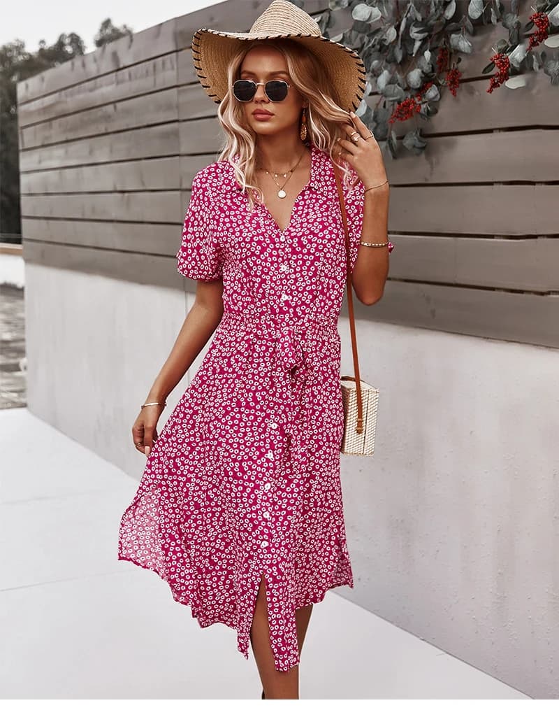 Abito estivo da donna con stampa floreale Abito casual a maniche corte con bottoni Abiti longuette da vacanza Abito da spiaggia Boho Chic con scollo a V femminile Abito elegante