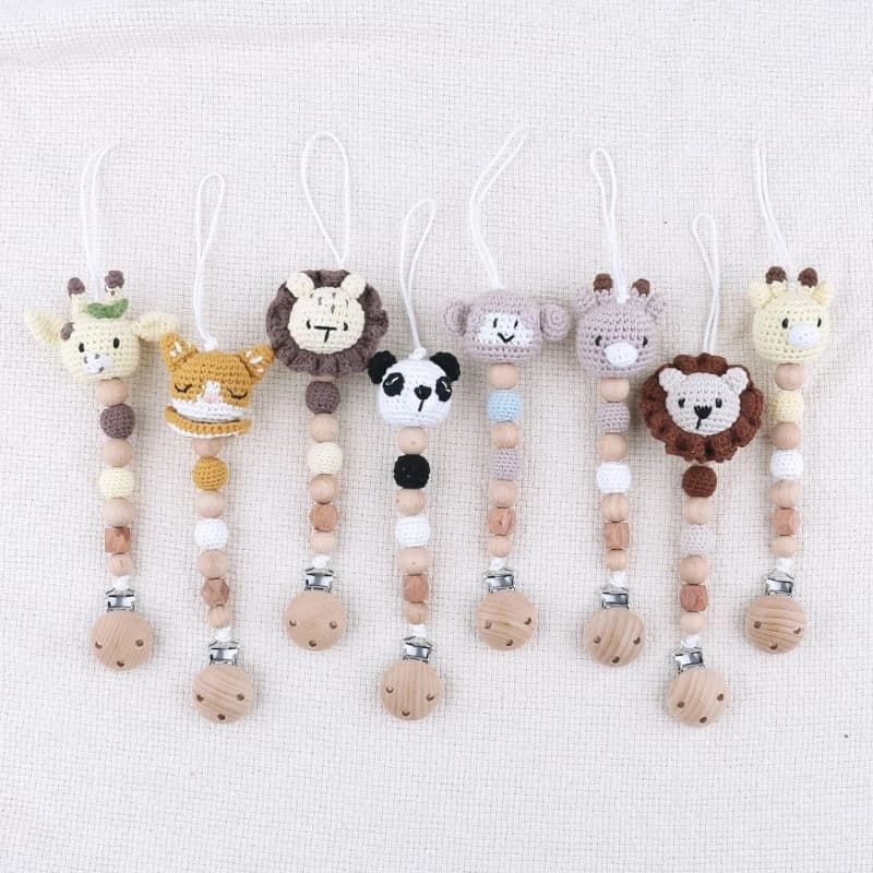 Vintage Wooden Beads Baby Pacifier Clips Cute Crochet Animal Beads Newborn Nipple Holder Anti-Drop Dummy Soother Clip Chain Toys