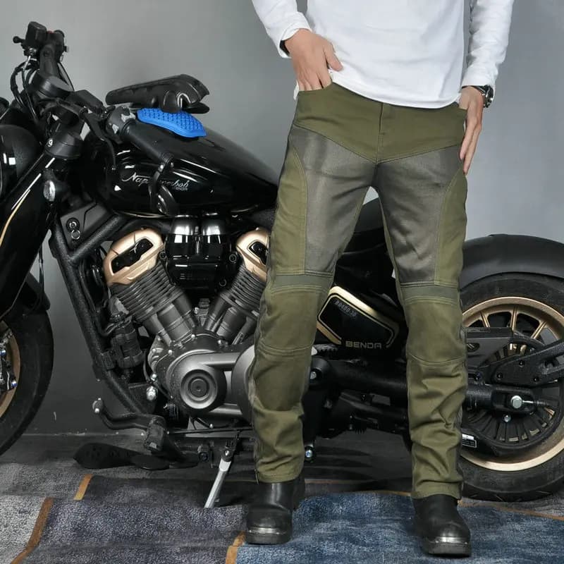 Jeans da Moto Estivi da Uomo in Rete Verde Militare, Traspiranti, Elasticizzati, Casual, Anti-Caduta, per Motociclisti