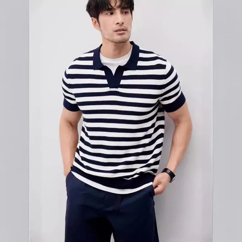 Crop Top Gentleman manica corta uomo per il tempo libero Commerce Stripe colletto alla rondine t-shirt lavorata a maglia girocollo auto coltivazione