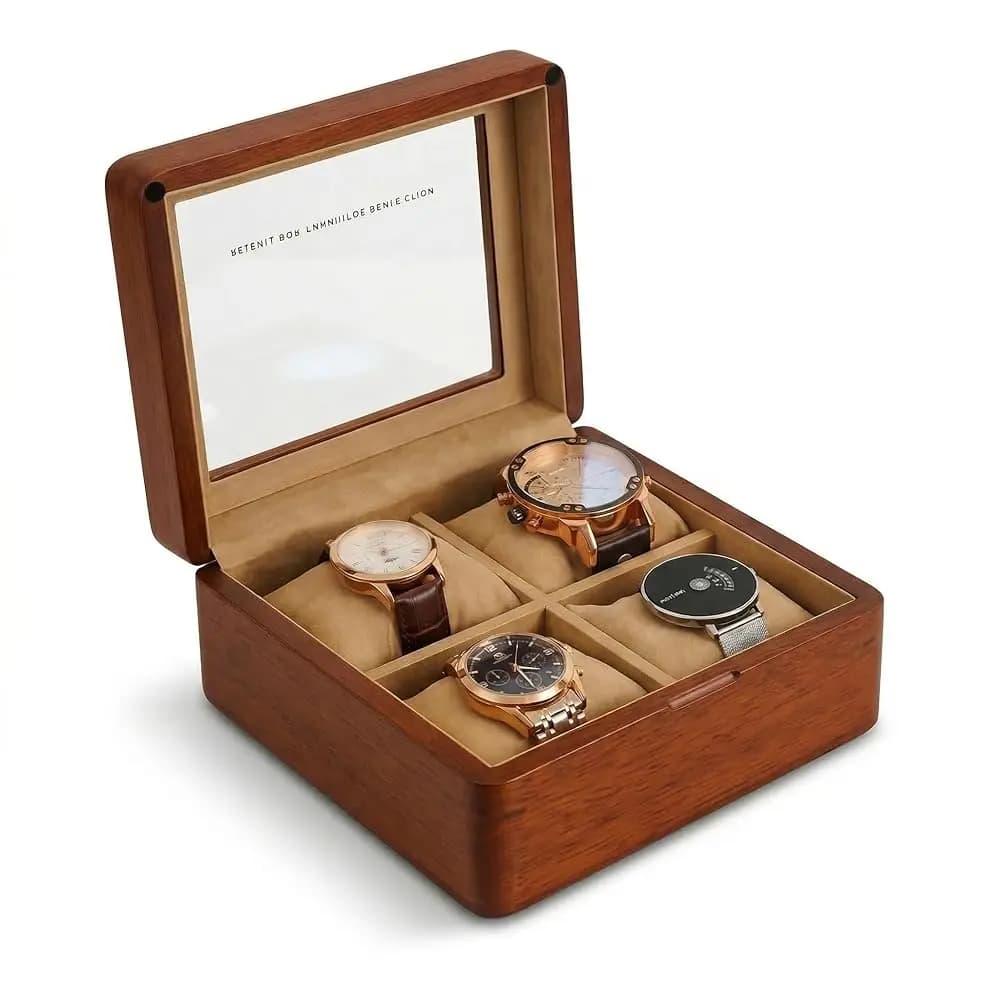 Scatola portaorologi da uomo, custodia in legno a 4 scomparti con coperchio in vetro, organizer portaorologi da uomo per esposizione e viaggio