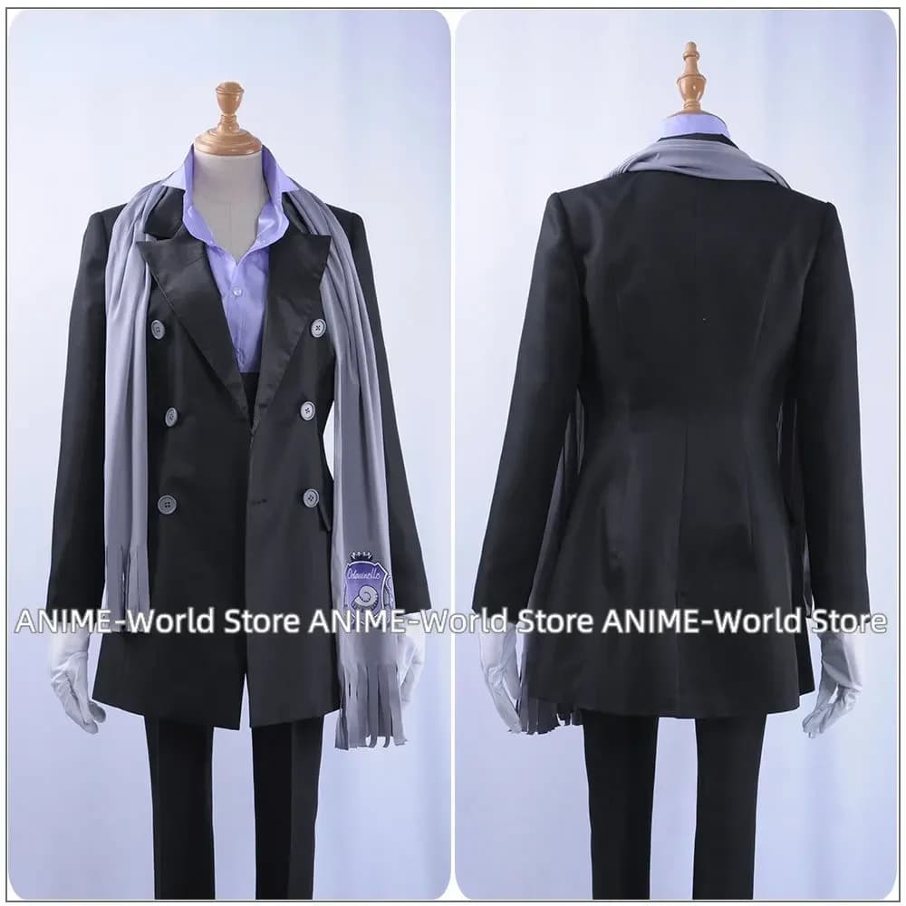 Costume Cosplay Twisted-Wonderland Alice in Wonderland, Custom Purple Satin Shirt, Trench, Jumpsuit, Uniform, Floyd Leech Scarf
