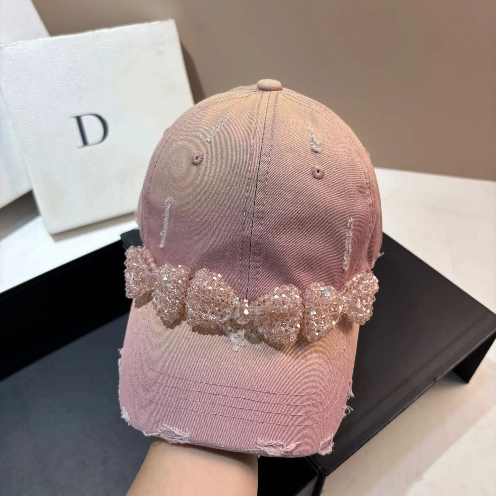 Fashion Women Diamond Bowknot Cotton Hole Baseball Cap Original Pink Sweet Girl Sunshade Visor Hat Snapback Tennis Golf Caps
