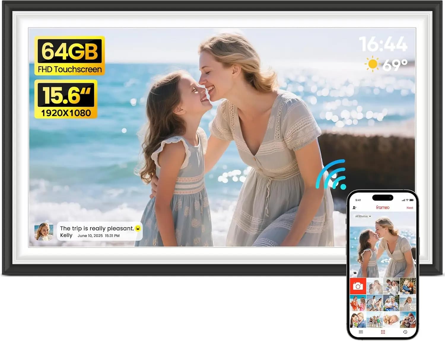 Cornice Fotografica Digitale WiFi da 15.6" con Memoria da 64GB, Schermo Touch FHD, Condividi Foto Istantaneamente Ovunque - Regalo Perfetto per la Famiglia