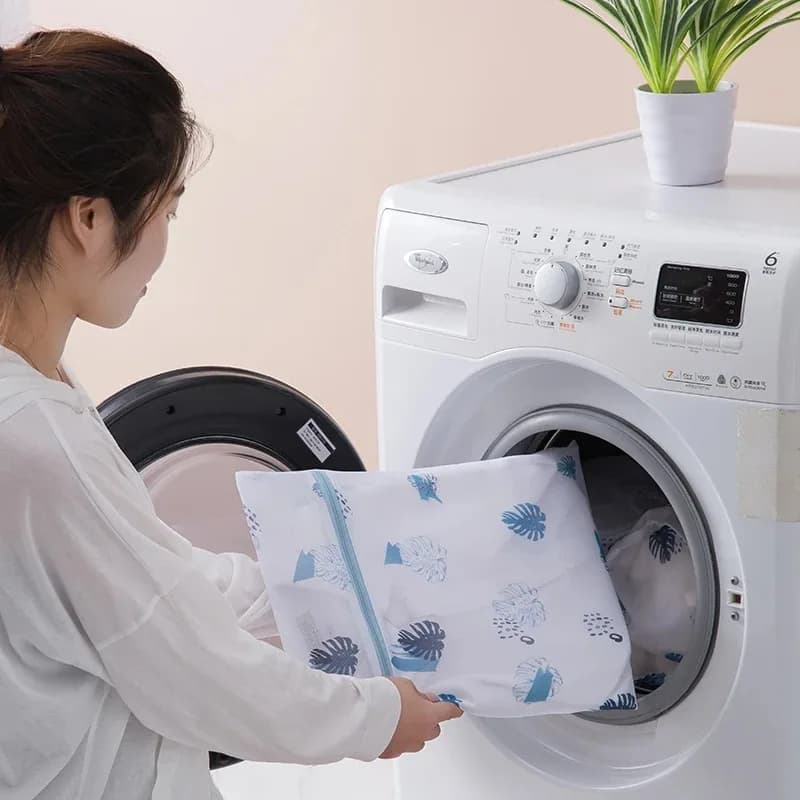 Laundry Bag Print Blue Leaf Dirty Clothes Cleaning Protect Washing Bag Household Clothes Organizer Mesh Zipper Laundry Bags
