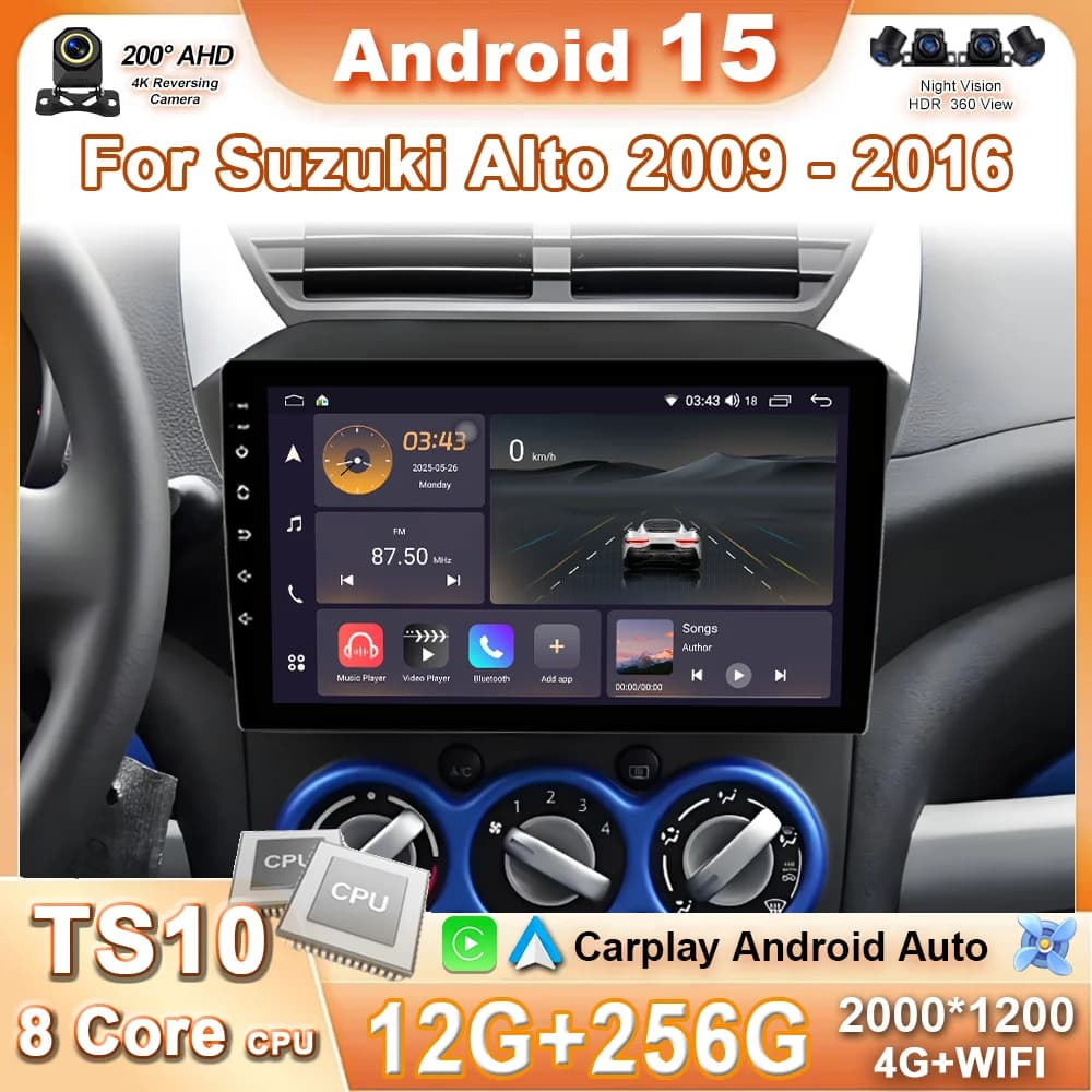 Android 15 Autoradio Stereo Per SUZUKI Alto Nissan Pixo 2009 - 2017 Auto Lettore Multimediale di Navigazione GPS Stereo 4G Carplay Auto
