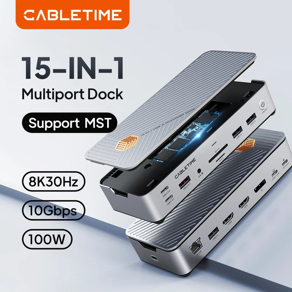 CABLETIME Docking Station USB C Tipo C Dock Multi HUB PD100W Display HDMI DP Custodia SSD Scheda SD/TF RJ45 per laptop MacBook