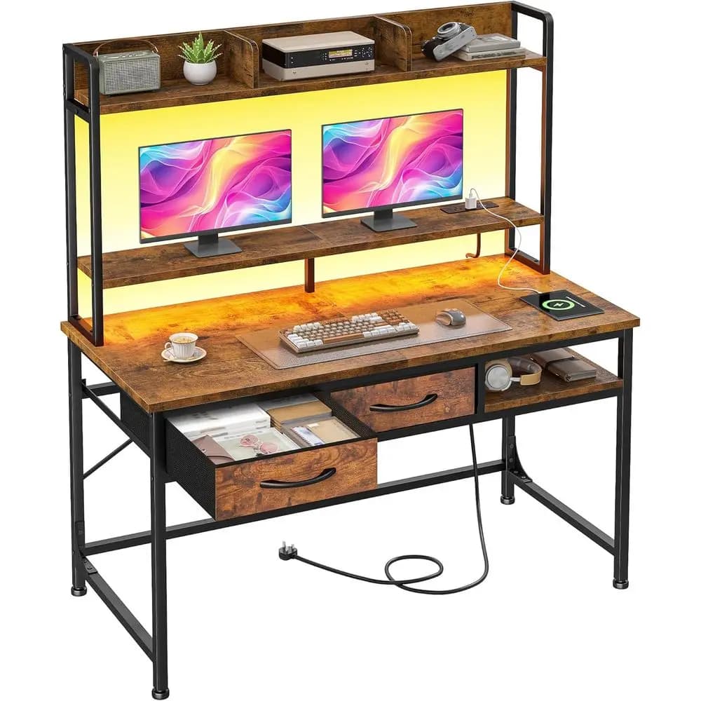 Rustic Brown Small Space Office Desk with Shelves, Monitor Stand, Hutches, LED Lights, and Power Outlet