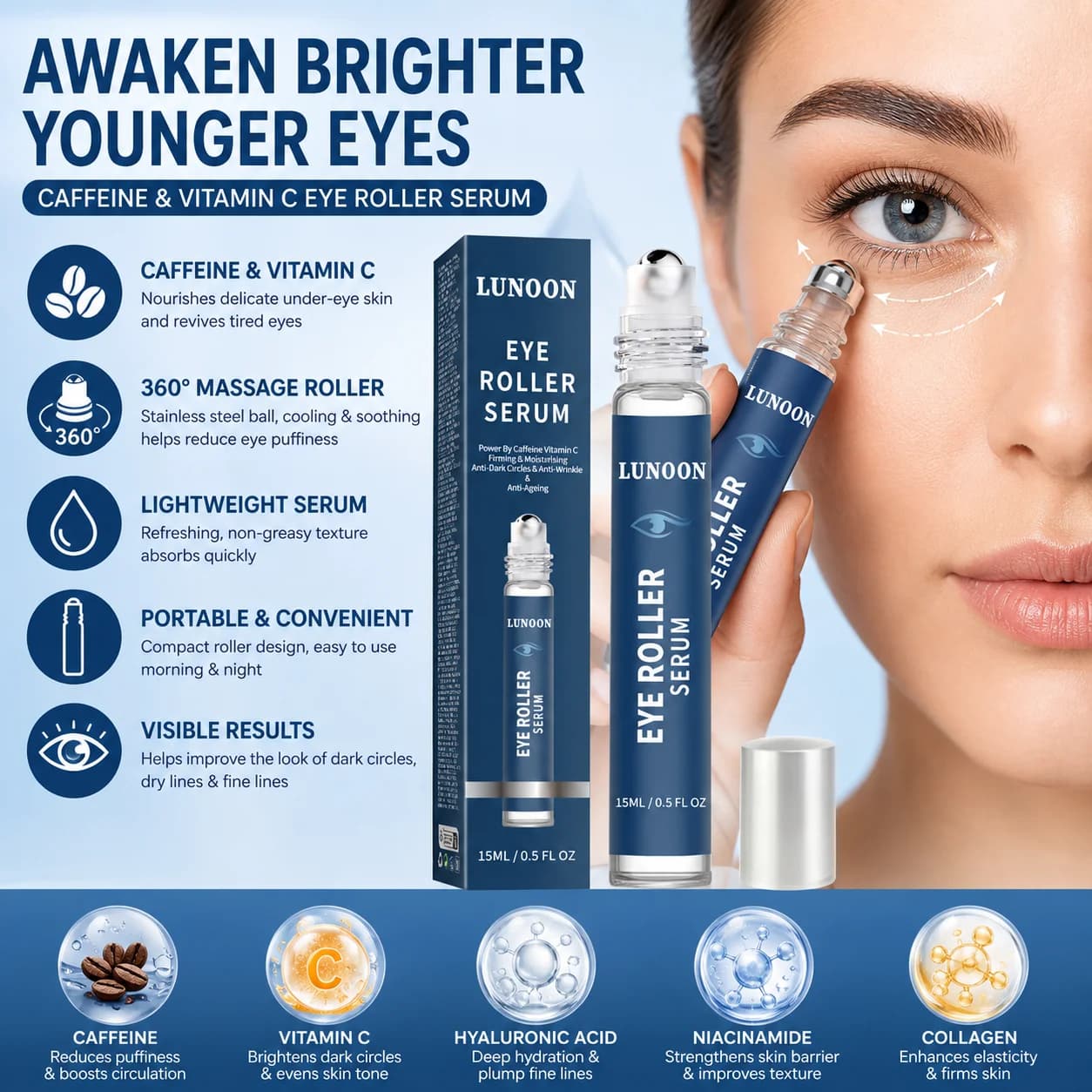 Caffeine Eye Serum Roller 15ml with Vitamin C, Hydrating Under Eye Serum for Puffiness Fine Lines Brightening Eye Care
