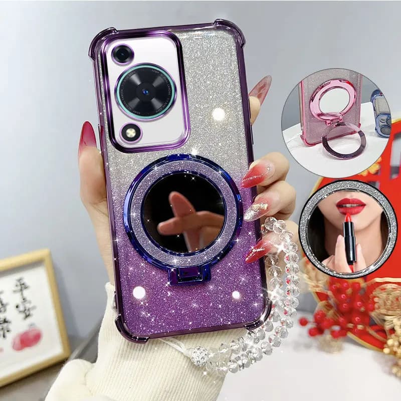 Custodia per telefono antiurto a quattro angoli glitterata con cinturino in rilievo con supporto a specchio per Huawei Nova Y72 Y63 Y 72 63 4G Custodia con cover posteriore