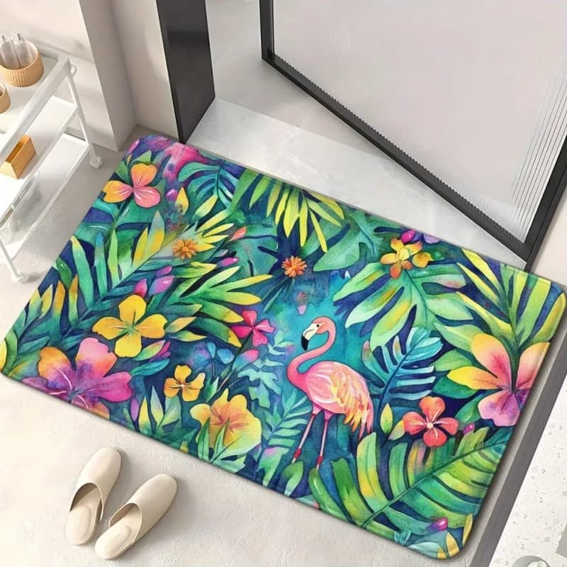Vibrant entrance carpet with tropical flamingos, colorful floral design, welcome carpet with green palm leaves for entry