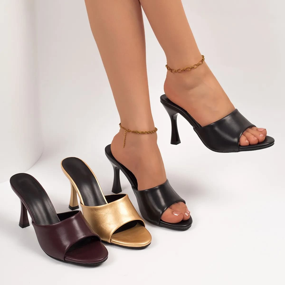 Hot French-style Summer 2026 New Patent Leather Mule Heels, Open-Toe Sandals for Women, Slim Heel Slip-On