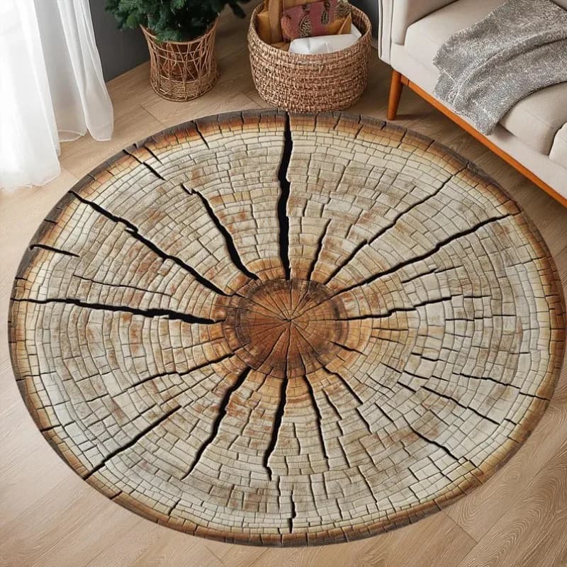 Tappeto Rotondo con Motivo ad Anelli di Albero, Tappetino Decorativo Ispirato al Tronco d'Albero, Design con Effetto Legno Screpolato per Interni