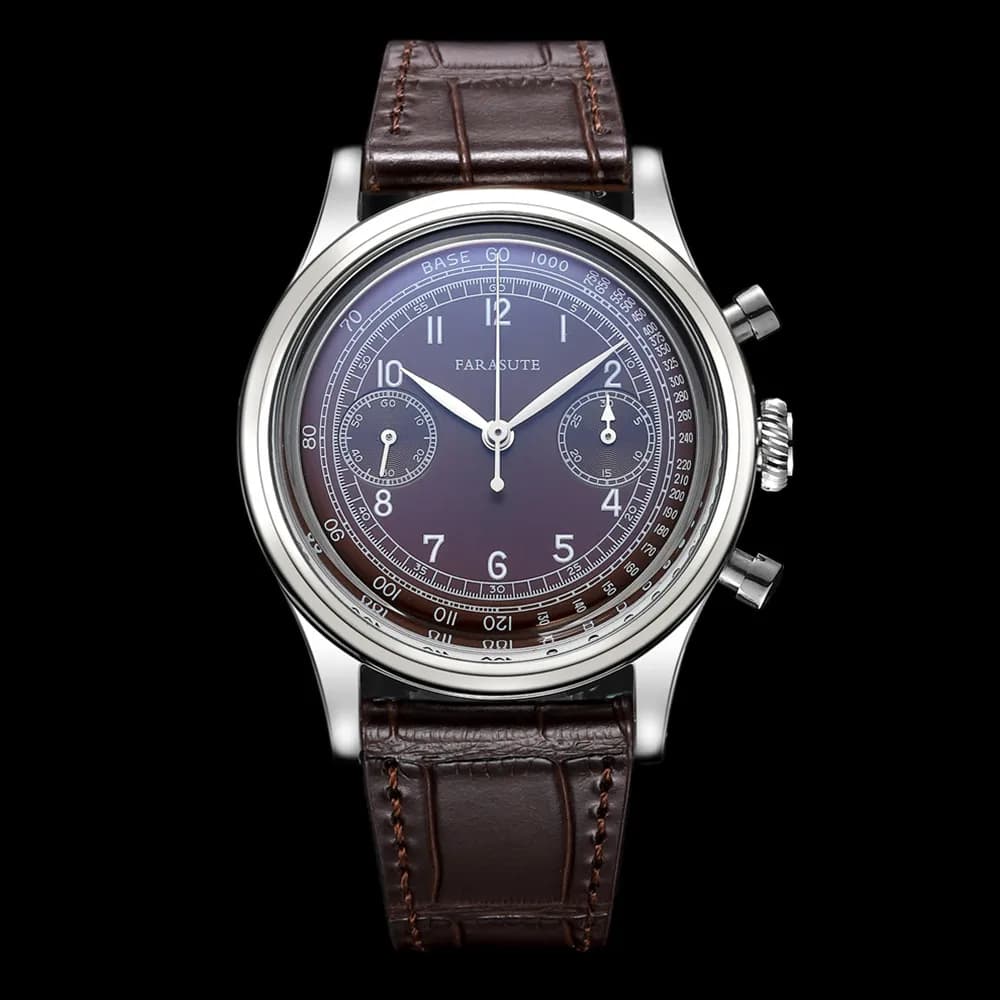 FARASUTE Orologio cronografo da uomo 38mm Orologi di lusso Panda Orologio da polso meccanico manuale Cinturino in pelle con specchio curvo ad arco ST19