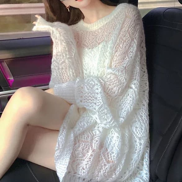 Spring 2026 New Gentle Carved Blank Sweater Mid-length Lazy Solid Color Cover-up Top