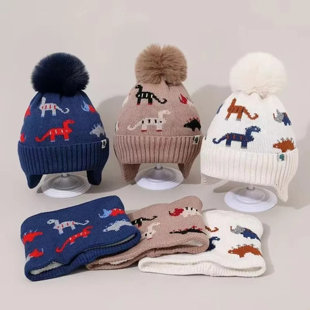 2Pcs Set Cute Thickened Knitted Beanie Cap Cartoon Dinosaur Ear Protection Warm Hat Winter Scarf Set Warm Thermal Knitted Hat For Cold Winter Outdoor Daily Use