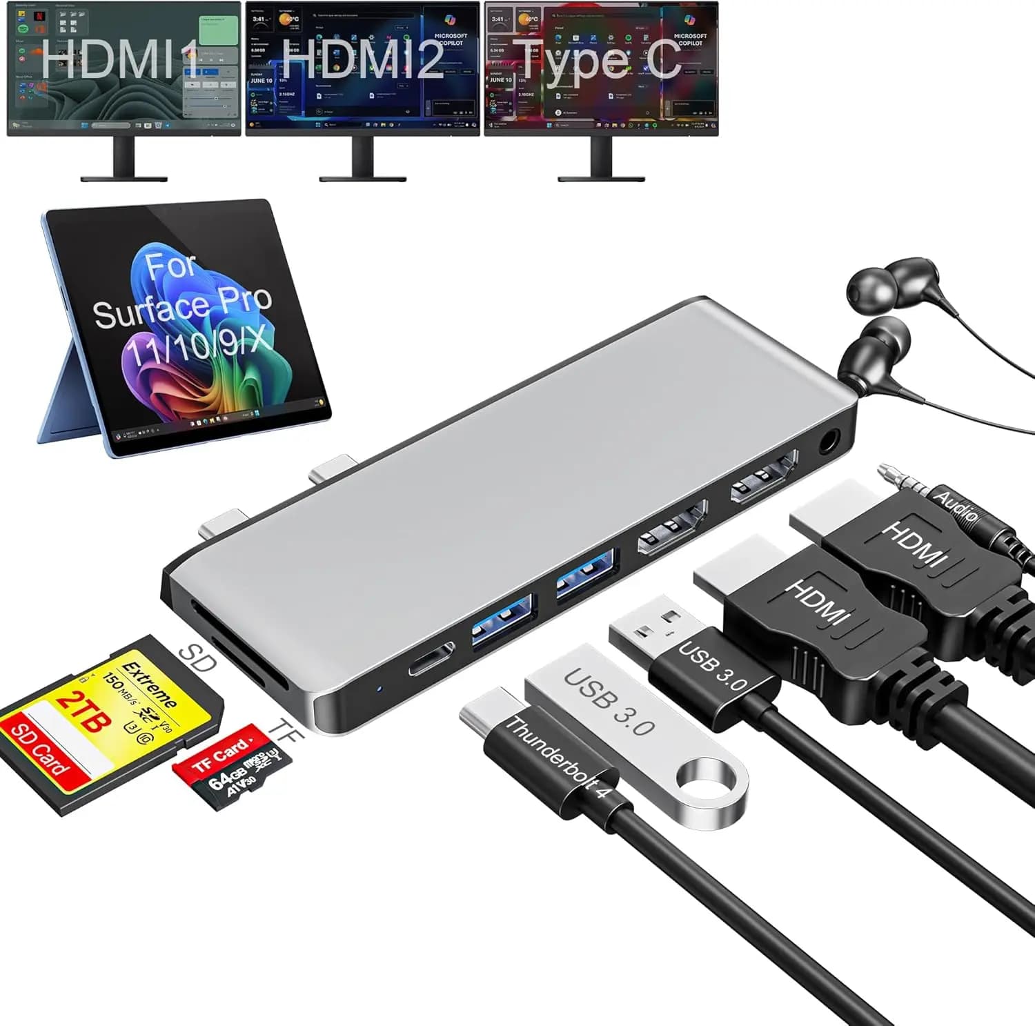 Docking Station per Surface Pro: Quattro Display, Doppio HDMI 4K, USB-C con Ricarica 100W, USB 3.0, Lettore di Schede SD/TF