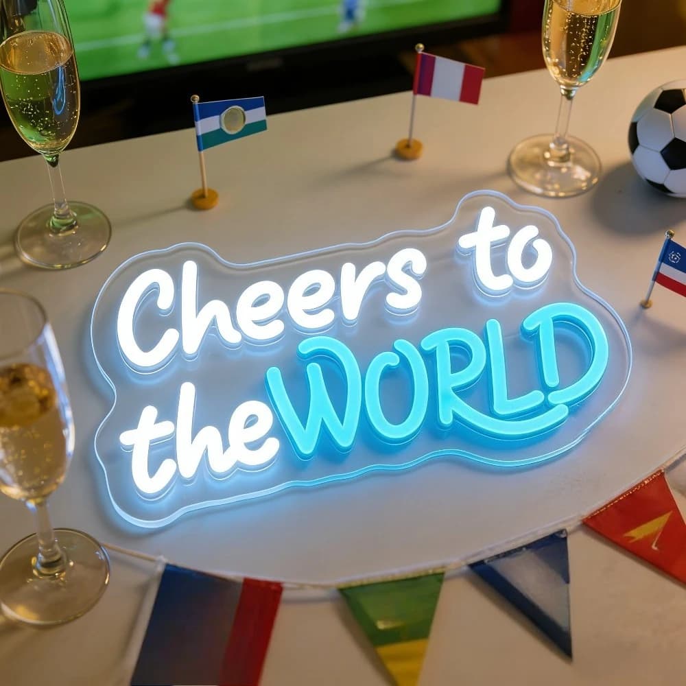 Insegna LED Neon 'Cheers to the WORLD' per Decorazione Casa, Bar, Sala Giochi, Feste, Illuminazione per Celebrazioni Globali, Eventi Sportivi e Festività