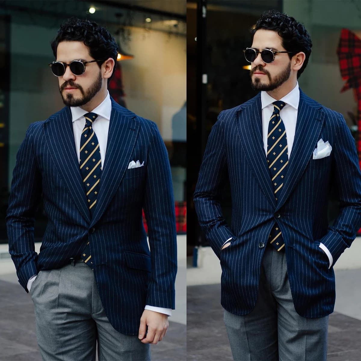 Abito da uomo 2 pezzi Blazer gessato blu Navy pantaloni grigi smoking monopetto Slim Gentle Business moderno sposo di nozze su misura