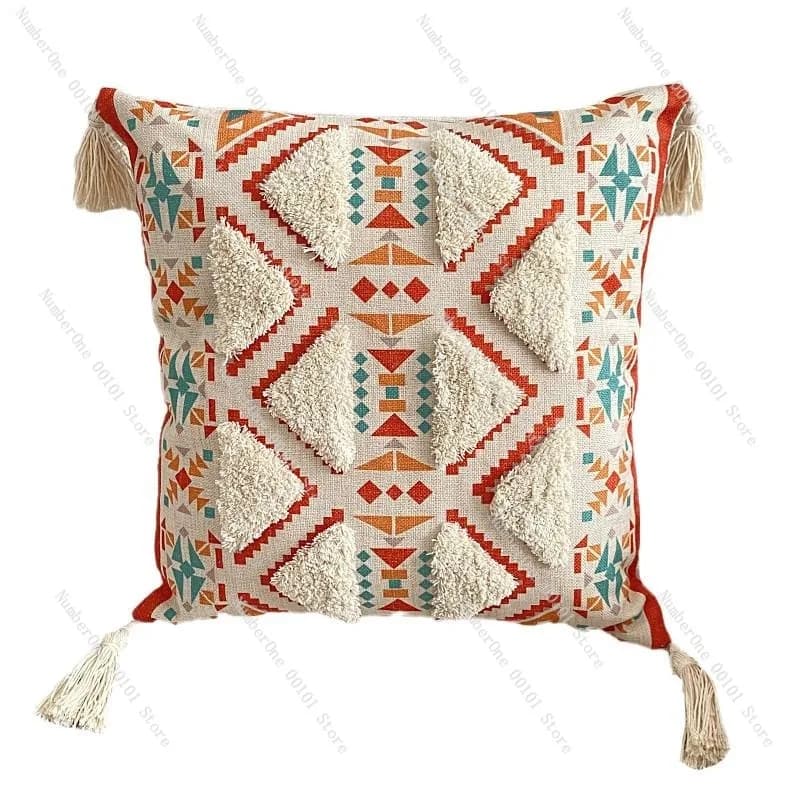Bohemian Tufted Linen Throw Pillow Cover Ethnic Printed Cushion Case Decorative Sofa Backrest Accent for Bedroom Bedside Living