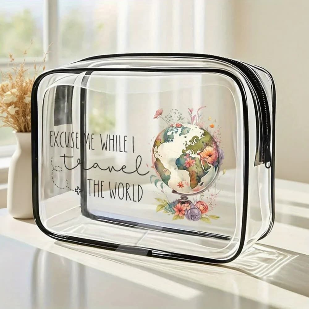 Borsa da Toilette Trasparente con Mappa del Mondo per Donne - Pochette da Viaggio con Design Globo e Aereo, Custodia Stile Passaporto per Bagagli