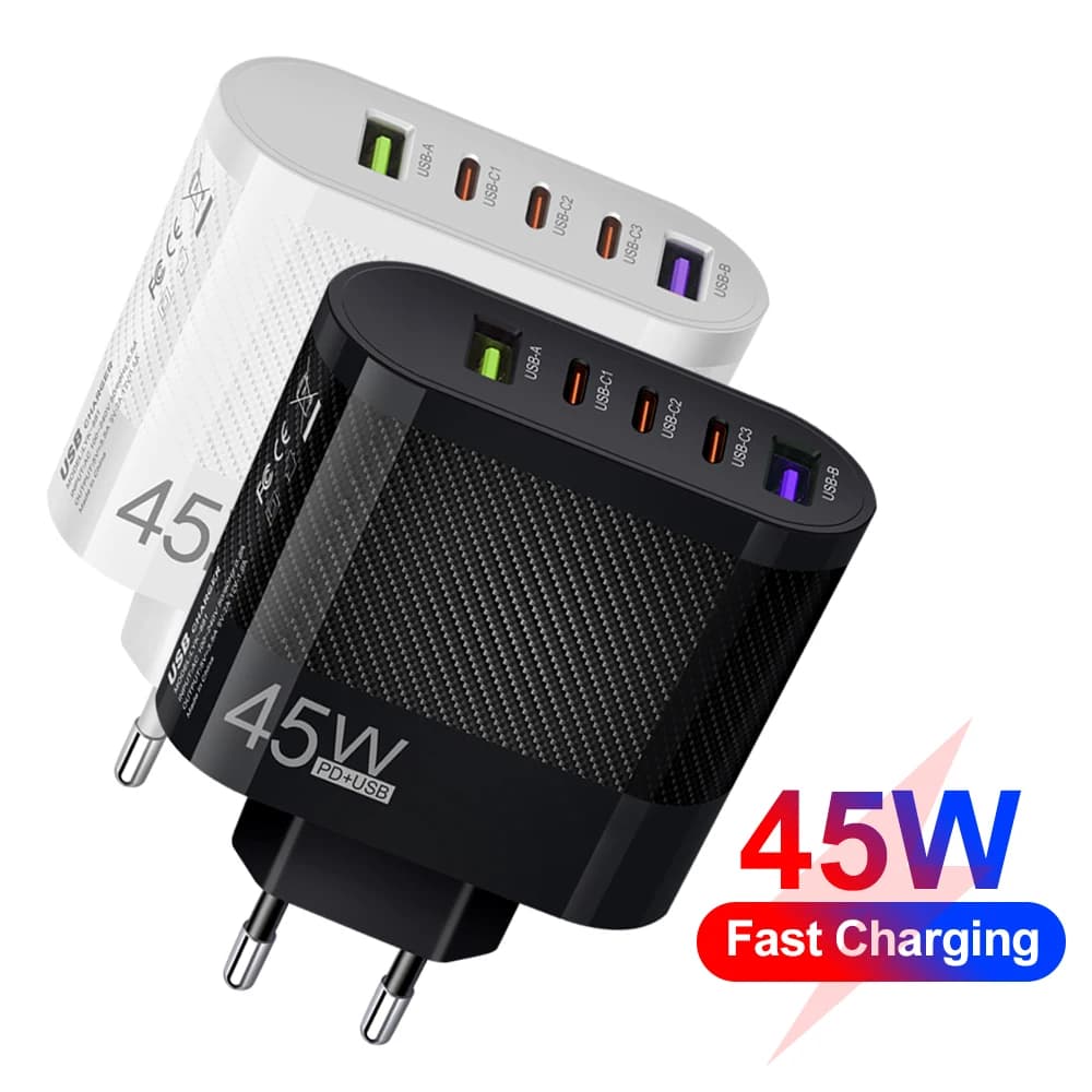 Adattatore per caricabatterie per telefono cellulare a 5 porte USB Quick Charge 3.0 da 45 W per iPhone Samsung Xiaomi Huawei Dispositivi multipli