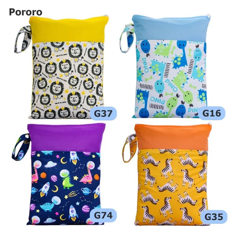 Pororo baby Borsa per pannolini riutilizzabile mamma impermeabile Borsa per riporre vestiti giocattolo due tasche Separazione asciutta e bagnata Borse da spiaggia dimensioni 25 * 35 cm
