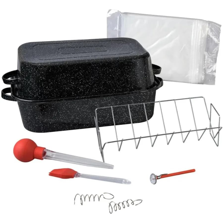 Set di torrefazione rettangolare da 25 libbre, 10 pezzi, include coperchio VRack, confezione da 2 sacchetti per brining, forno, grillsafe, carne, termometro, Turchia Baster con s