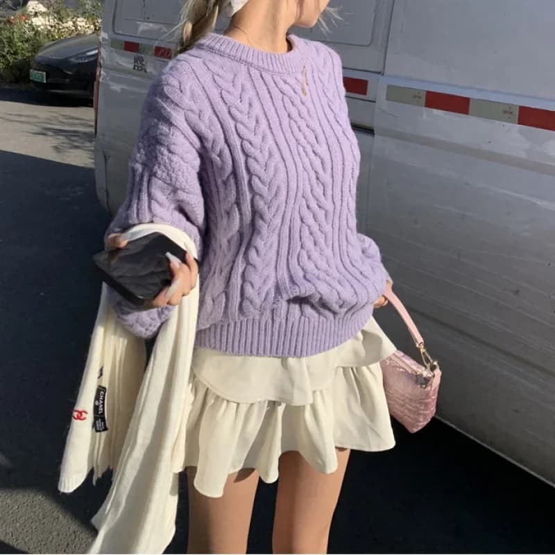 Maglione lavorato a maglia pullover viola twist 2025 autunno e inverno nuovo maglione da donna con ago grosso e vento pigro allentato addensato