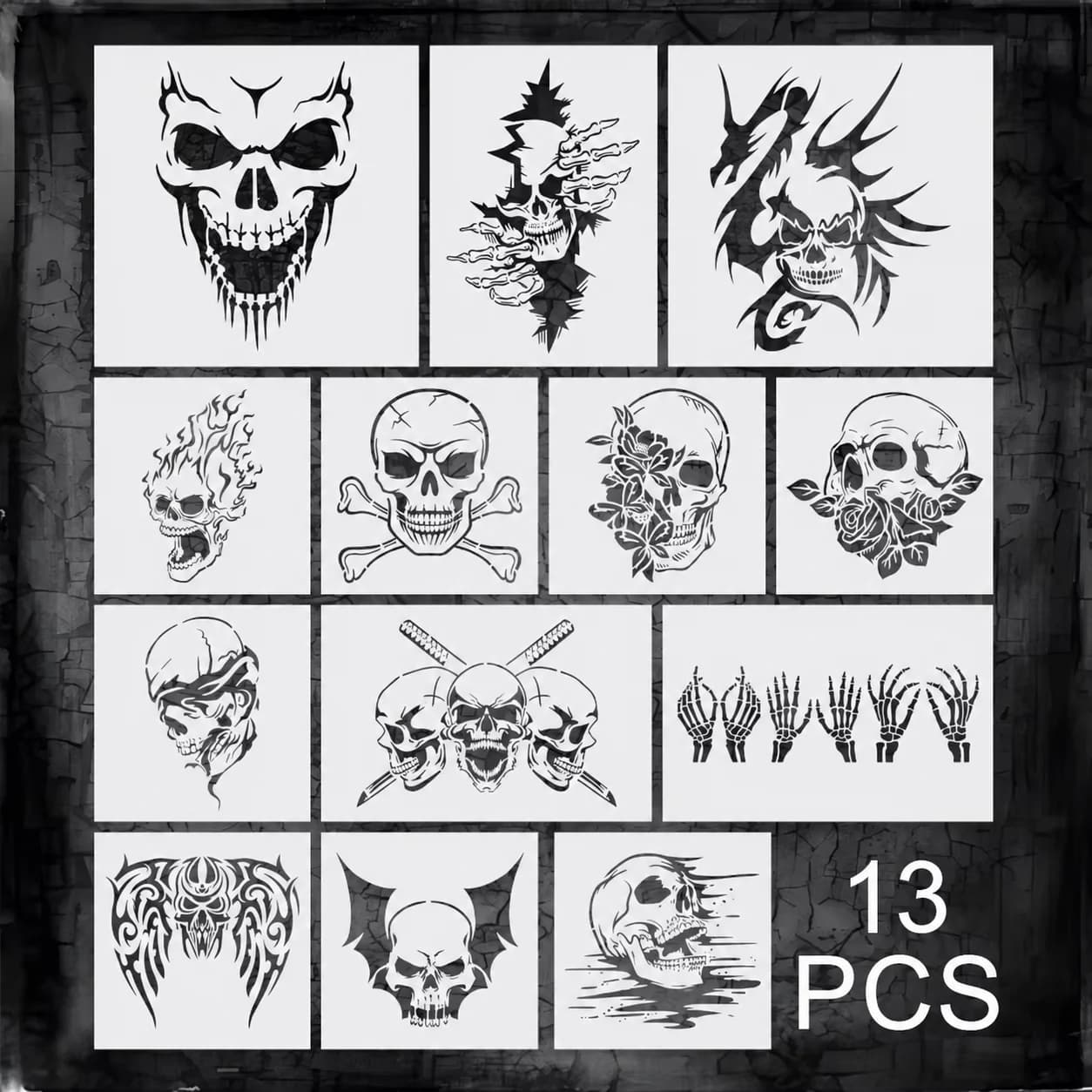 13PCS 8-12inch Skull Painting Stencils Reusable Halloween Templates for Wall Fabric Canvas DIY Craft Decor