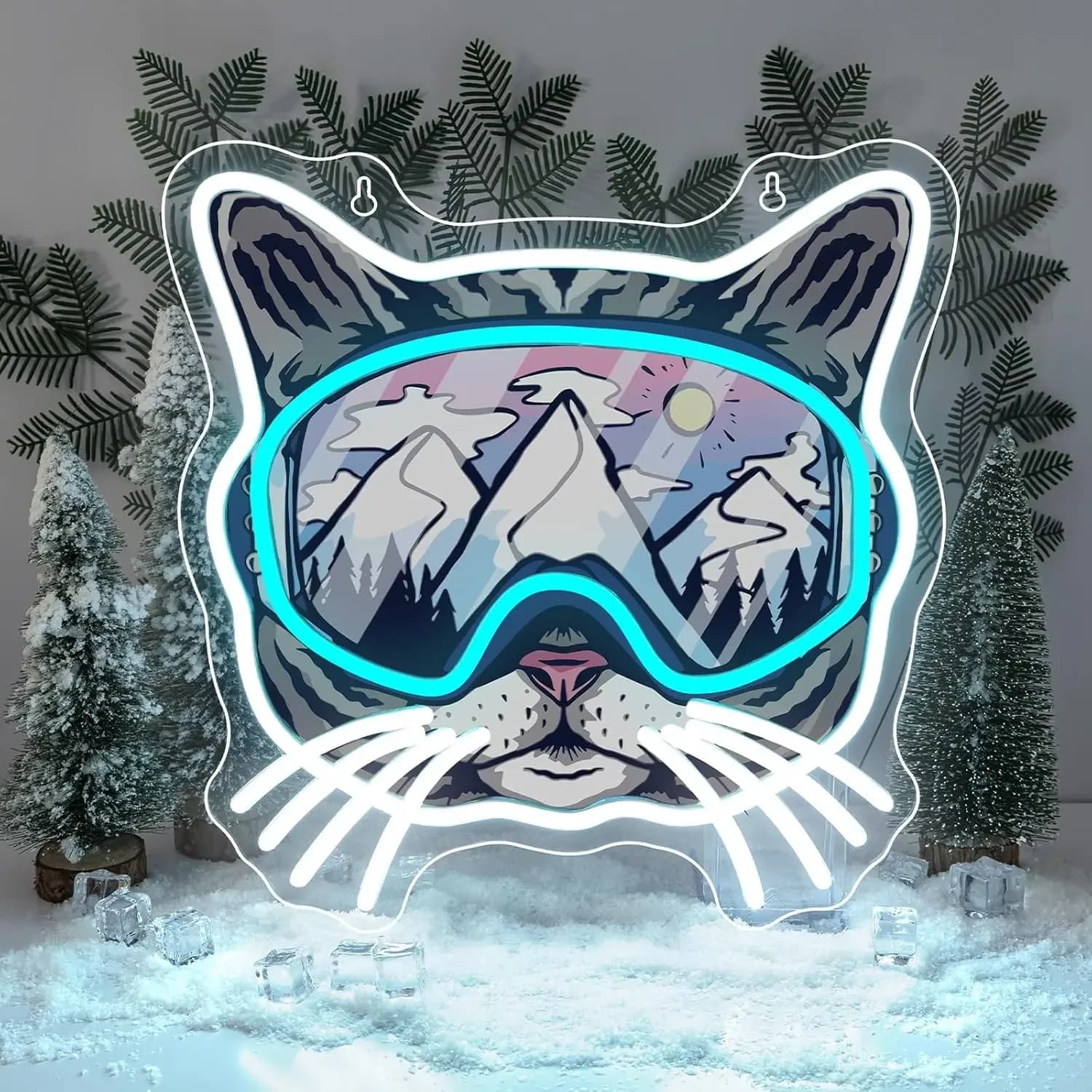Ski Cat Neon Sign Snow Goggles Mountain View LED Wall Art USB Powered Lamp Winter Cafe Bar Party Home Decoration Hanging Light
