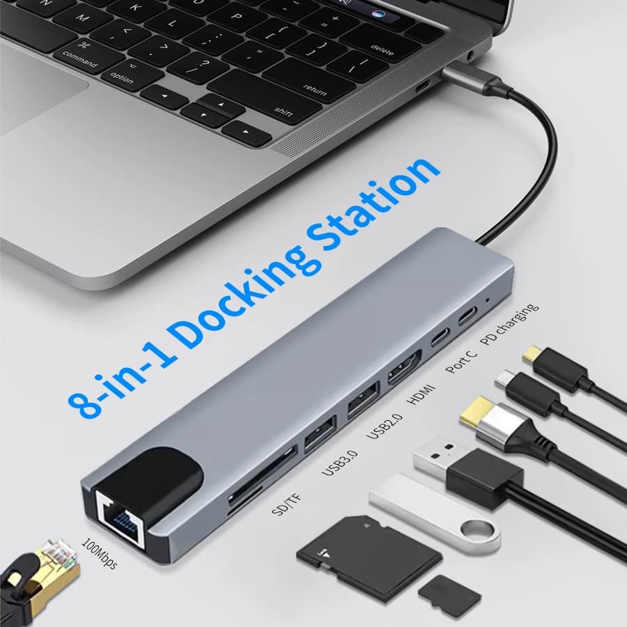 Hub docking station per laptop USB-C 8 in 1 con lettore di schede SD TF 4K HDMI USB 3.0 USB 2.0 Type-C Porta di ricarica PD da 87 W per computer